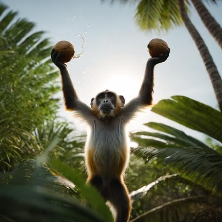 cinematic film still of In the African jungle a monkey holding their hands up to a sun while breaking a coconut up in sky...