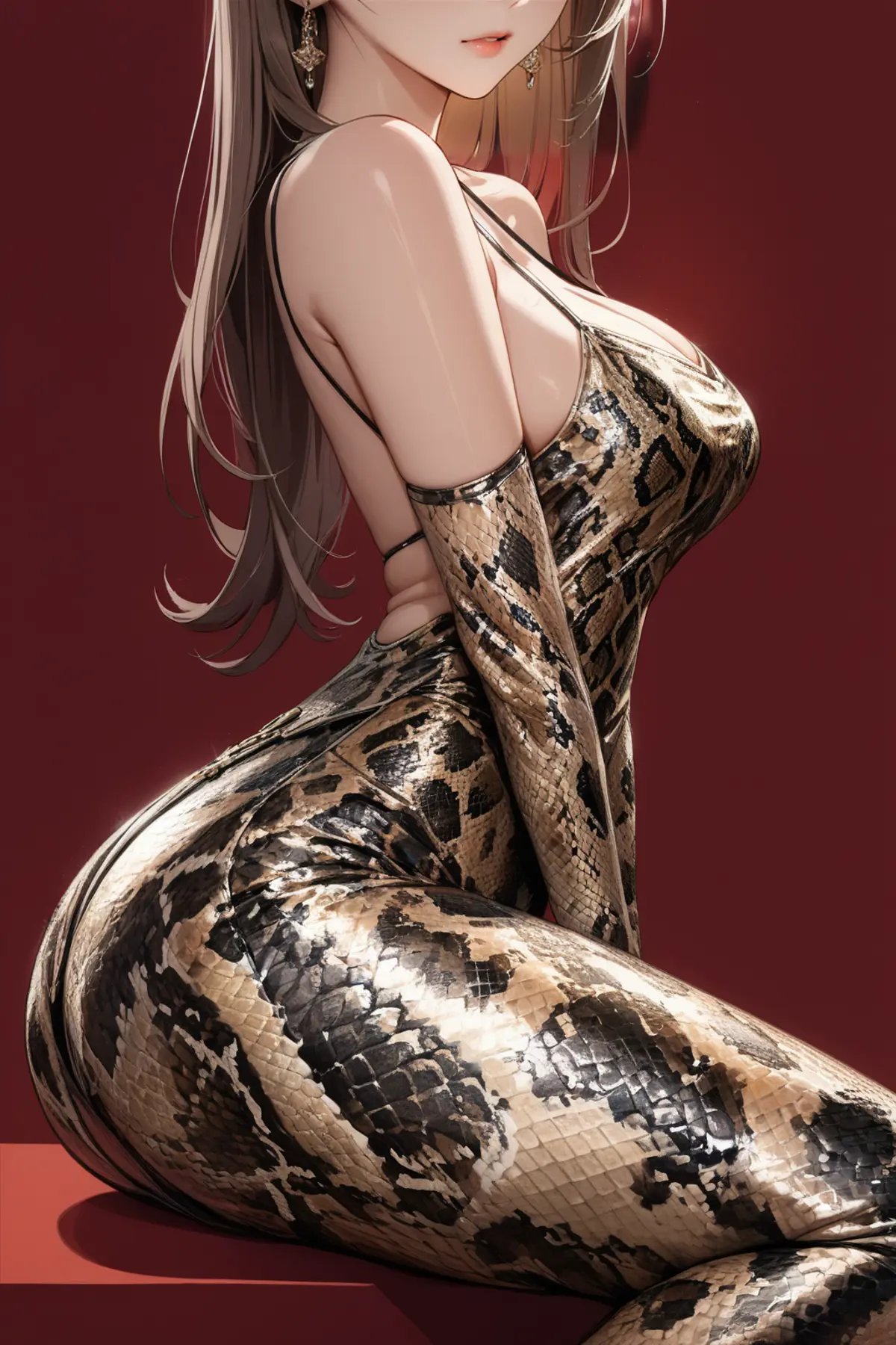 1girl,solo,red background,ruanyi0735,spaghetti strap,bodysuit,animal print,,python print,<lora:0735 Bronzing bodysuit_xl_v1:1>, masterpiece,best quality,ultra detailed,8K,super fine illustration,highly detailed beautiful face and eyes,perfect anatomy,professional lighting,