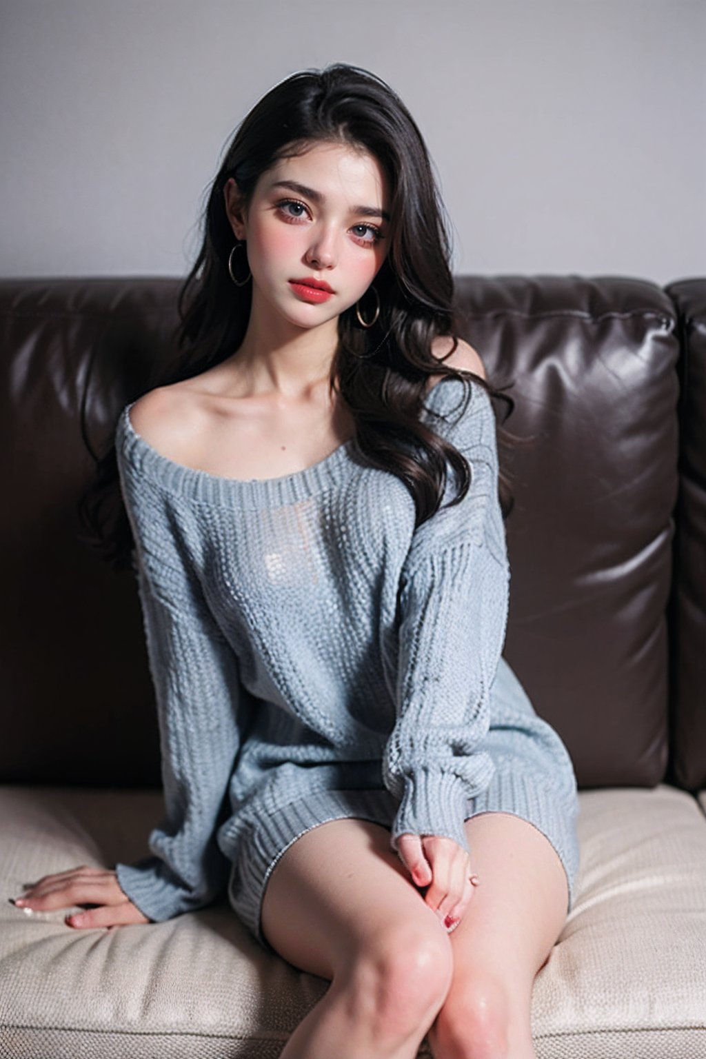 1girl, solo, long hair, earrings, jewelry, sitting, sweater, looking at viewer, head tilt, couch, hand between legs, very long hair, lips, wavy hair, between legs, brown hair, watermark, black hair, closed mouth, smile, artist name, brown eyes, grey background, black eyes, eyelashes <lora:人间蜜桃:0.4>