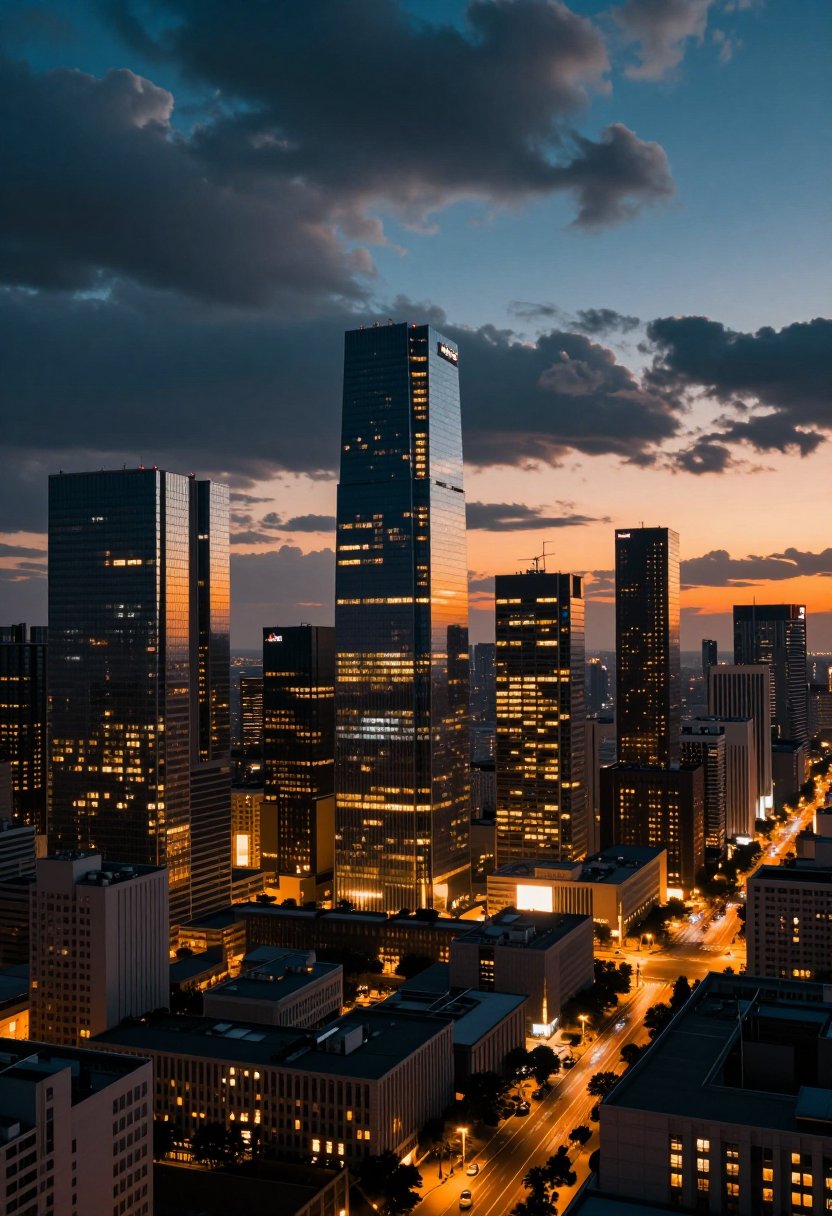 cinelightX,  futuristic city skyline at dusk,  glowing buildings by Pongmontree on Tensor.Art