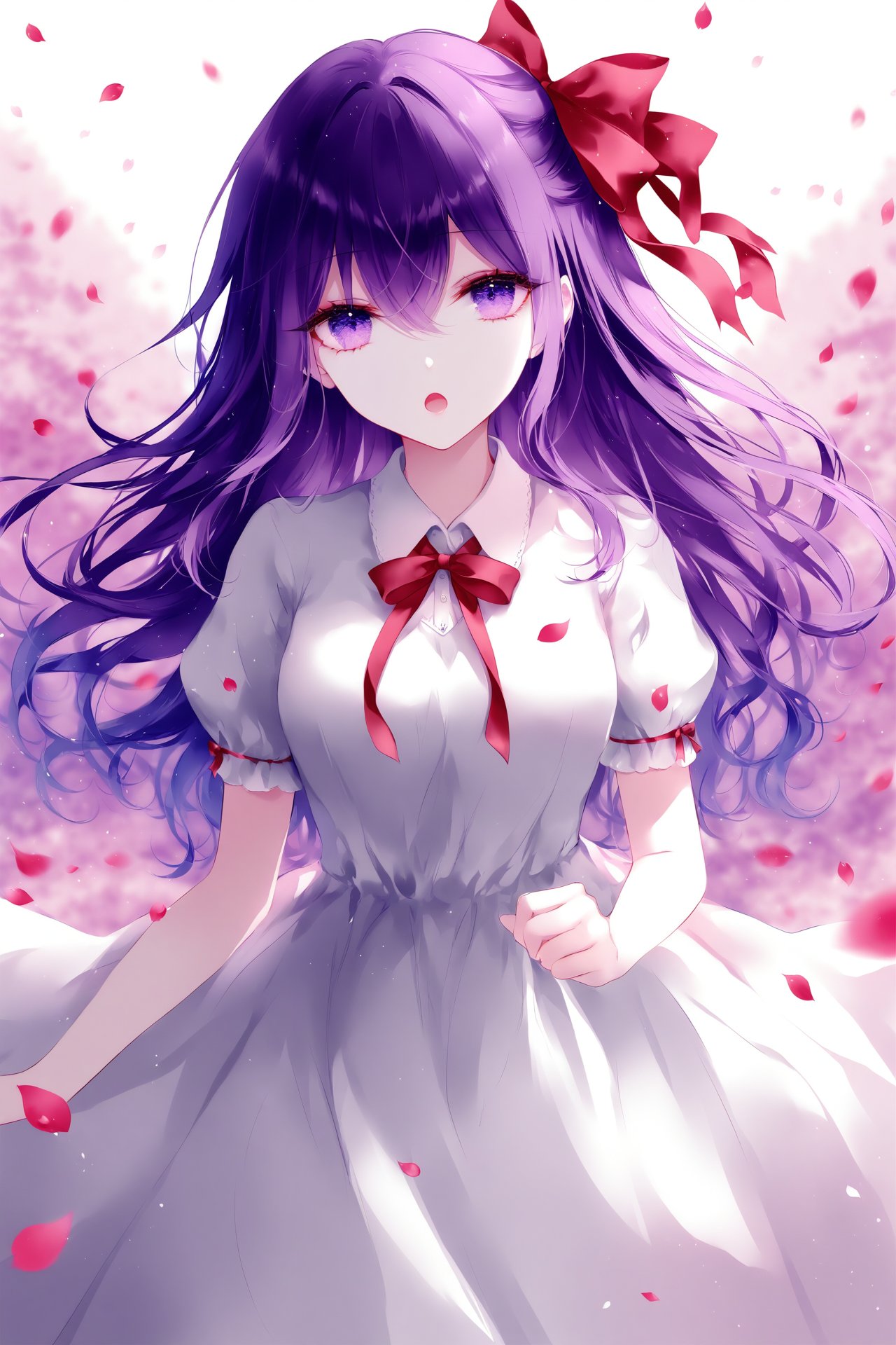 (masterpiece),(best quality),illustration,ultra detailed,hdr,Depth of field,(colorful),loli,[Artist wlop],[[Artist sheya]],Artist hiten_(hitenkei),1girl,solo,dress,long hair,official alternate costume,ribbon,purple hair,matou sakura,purple eyes,hair ribbon,white dress,open mouth,short sleeves,looking at viewer,red ribbon,puffy short sleeves,hair between eyes,puffy sleeves,breasts,petals,collared dress,collarbone,