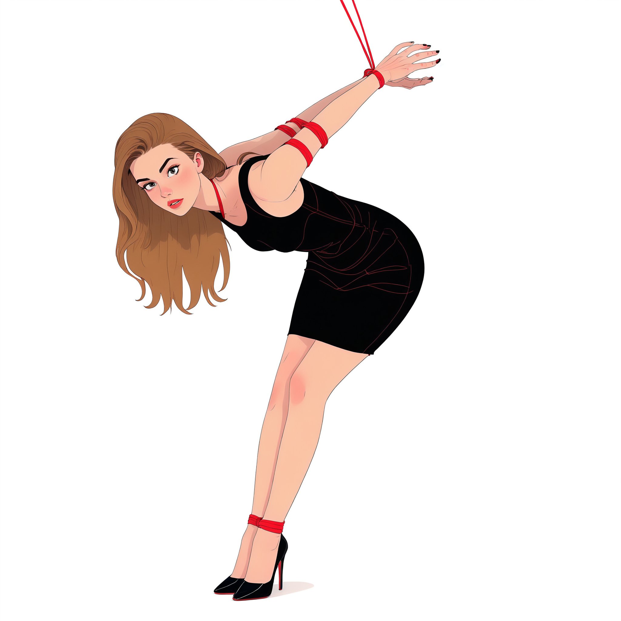 (graphic novel illustration, lineart:1.5),white background, shadow, strappado, bound wrists, a beautiful woman, long hair, , looking at viewer, from front, (bent over), bound wrists, full body, flat color, narrow waist, biting lips, very short black dress, black high heels, red rope, thin, shadow, arms up, wide hips, hourglass figure