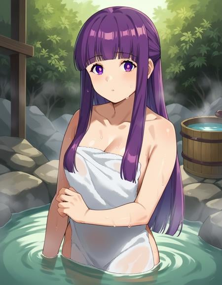 score_9, score_8_up, score_7_up, source_anime,fern, <lora:fern-s1-ponyxl-lora-nochekaiser:1>,fern, long hair, bangs, purple eyes, purple hair, sidelocks, blunt bangs, bright pupils, half updo,nude, naked, outdoors, onsen, towel, naked towel, steam, bathing, nude cover, partially submerged, water, bath, steam censor, wet towel,looking at viewer, cowboy shot, dutch angle,