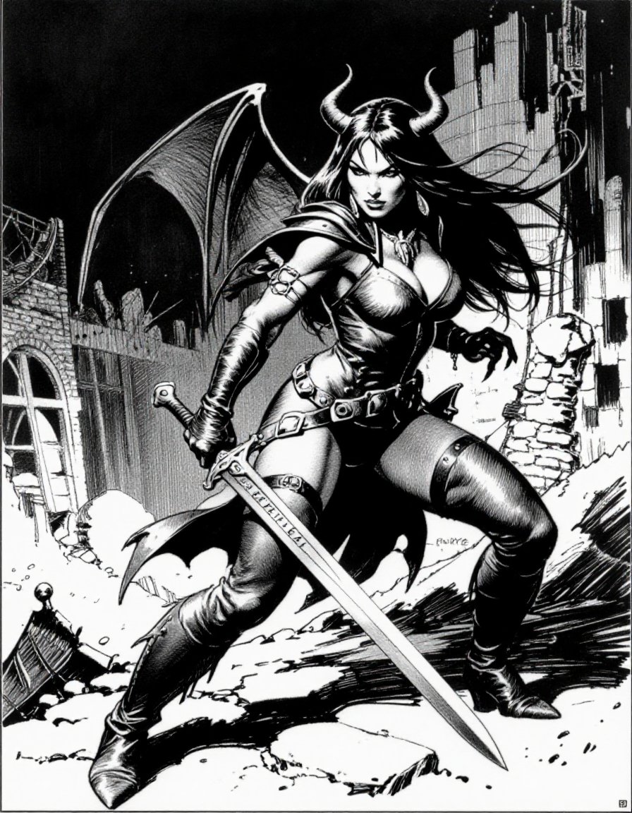 z_frazetta_ink,  demon hunter woman with a sword,  leather armor by inknoir on Tensor.Art