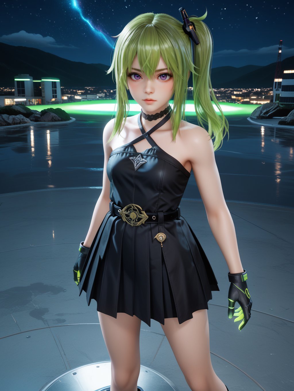 score_9, score_8_up, score_7_up,BREAKcowboy shot,  A cold stern look, a look from top to bottom,1girl,green hair, bangs,hair between eyes,side ponytail, purple eyes, black choker, collarbone, sleeveless, black dress,sleeveless dress, halterneck,pleated skirt, black gloves,belt,black footwear,(mechanical jaw:1.0),  navel, briefs, , green energy neon shine , futuristic, background and a starry sky, vivid colors, vibrant, hair, surreal images, colorful, beautiful scenery, reflection, vivid colors, blue plasma on hand,