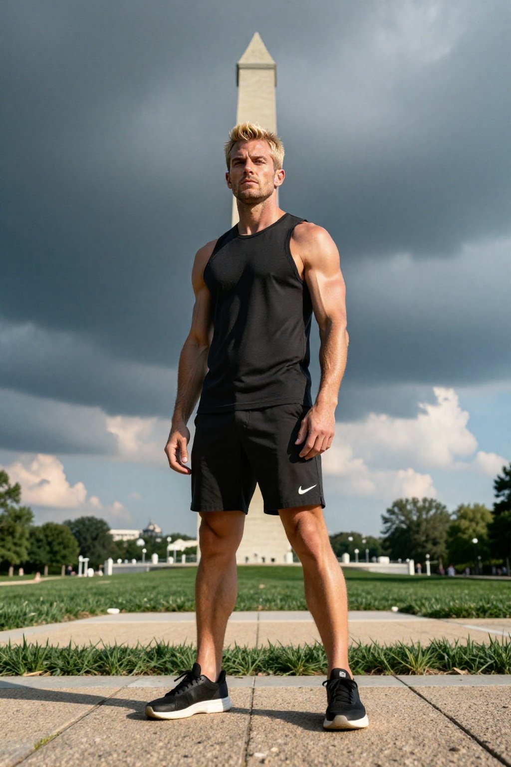 a strong man,  black with blonde meshes short hair ,  sportive clothes Florence storm light dramatic under dark clouds sin...