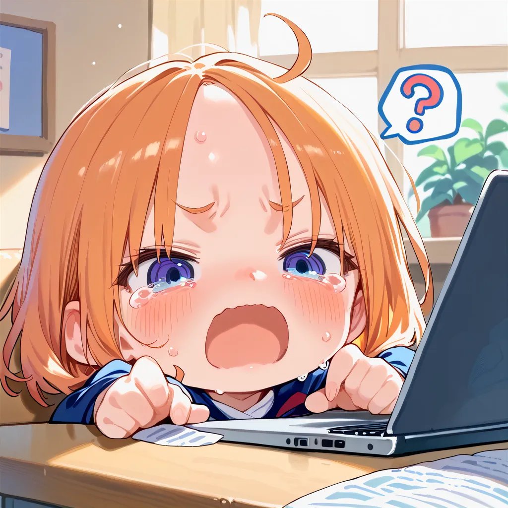 score_9_up. score_8_up. score_7_up, source_anime,hires , (chibi:1.5),1girl,@_@, (solo:1.2),from side,laptop on desk, spoken question mark, open mouth, blush, sweat, tearing up,close-up, tears,arms up,in living room,