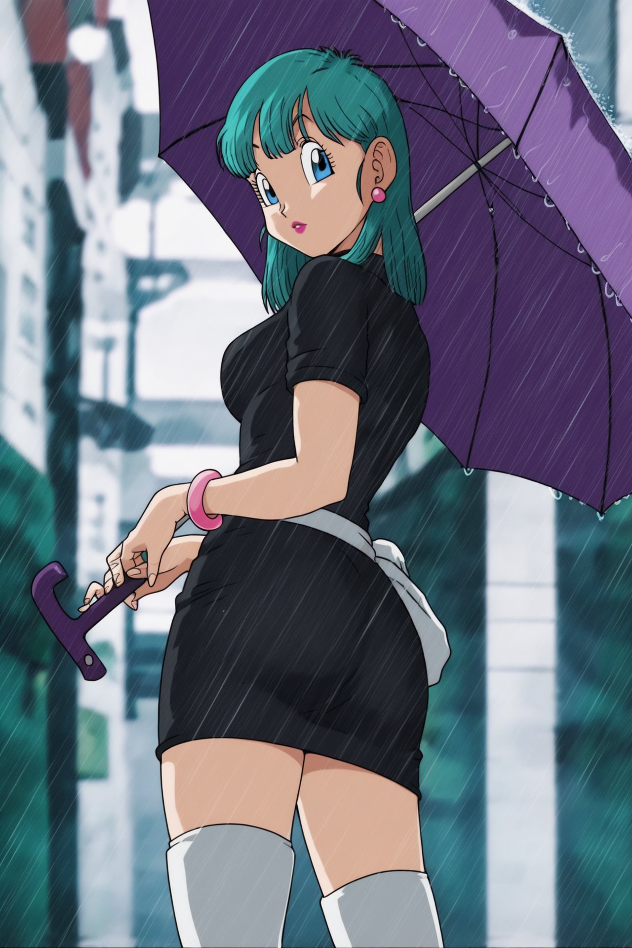 source_anime, score_9, score_8_up, score_7_up, anime screencap, bulma \(dragonball\), aged_up, 1girl, solo, looking at viewer, blue eyes, dress, holding, blurred background, ass, earrings, boots, looking back, black dress, bracelet, aqua hair, umbrella, short dress, rain, holding umbrella, blue dress, belt, fingernails, fringe trim, lipstick, eyebrows, eyelashes, from below, pink bracelet, raised eyebrows, white footwear, yellow_legwear, socks, shoulder length hair <lora:bulma_pony_v1:0.8>