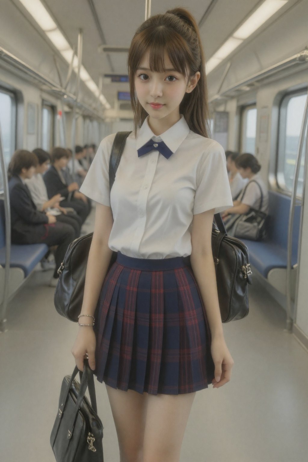 The image is a high-resolution photograph taken inside a modern,  brightly lit subway car. The subject is a young Asian wo...
