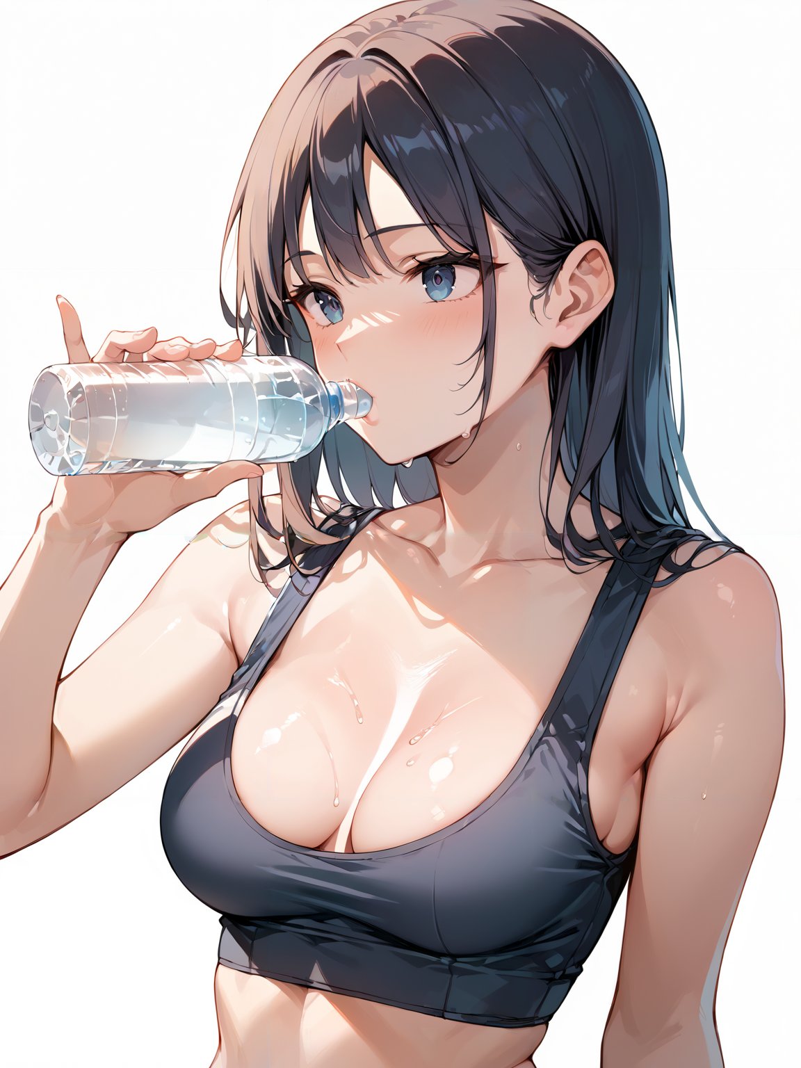 score_9, score_8_up, score_7_up,source_anime, high res image,masterpiece,best quality,woman,middle breasts,cute face,clear skin,shiny hair,ultra detailed eyes,simple background,  <lora:drinking_pony_V1.0:1> drinking, holding bottle,water bottle <lora:sweat_pony_V1.0:1> sweat