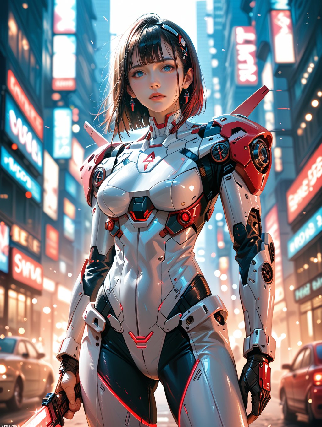 score_9, score_8_up, score_7_up,BREAKcowboy shot,  solo, 1girl, wearing a stylish futuristic outfit, highly detailed armor, (mecha elements:1.1), neon accents, wielding a large sword, [expression: fierce and determined], intricate accessories, intricate hair details, cyberpunk aesthetic, soft and smooth shading, in a vibrant cityscape background, highly detailed, sharp lines, (highly detailed background:1.2), soft rim lighting, depth of field, professional artwork, key visual design, dynamic lighting and shading.