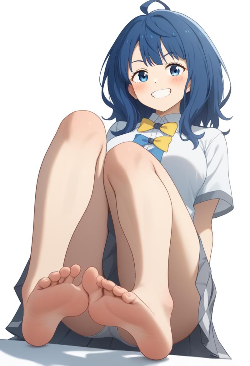 score_9,score_8_up,score_7_up,<lora:yanami_anna_pony:1>,white_shirt,signature,blush,barefoot,arms_at_sides,dot_nose,miniskirt,school_uniform,teeth,toes,collared_shirt,:d,foot_focus,blue_bow,large_breasts,yellow_bow,grin,foot_up,highres,simple_background,sitting,yanami_anna,bare_legs,dutch_angle,soles,white_background,looking_at_viewer,1girl,from_below,absurdres,sidelocks,open_mouth,shadow,pleated_skirt,black_skirt,solo,knees_together_feet_apart,