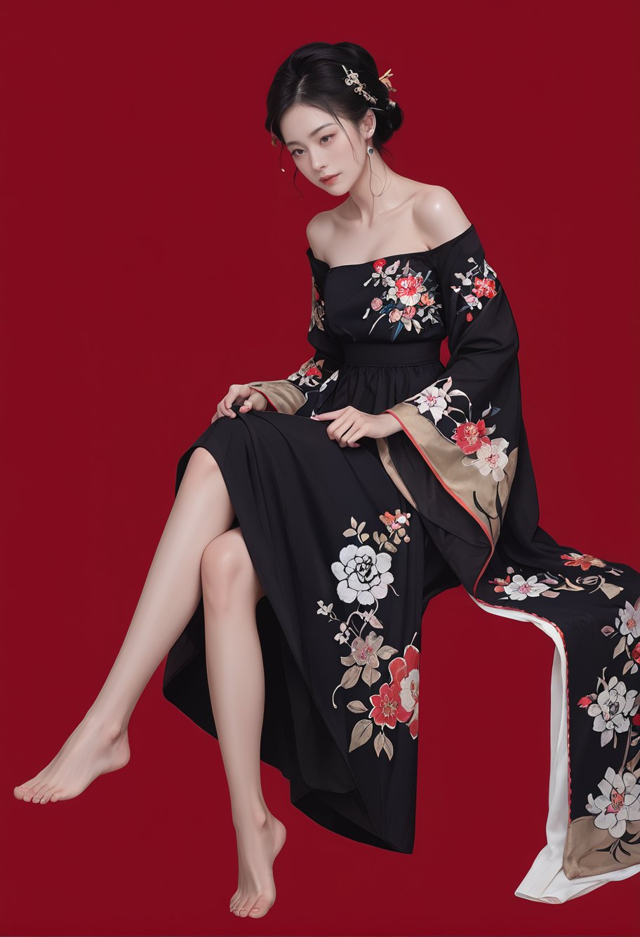 red background,1girl,solo,,ruanyi0766,floral print,hanfu,jewelry,off shoulder,wide sleeves,barefoot,strapless,black dress,<lora:0766 Northern and Southern Dynasties Hanfu_v1_pony:1>, score_9,score_8_up,score_7_up,,8k,1girl,solo,