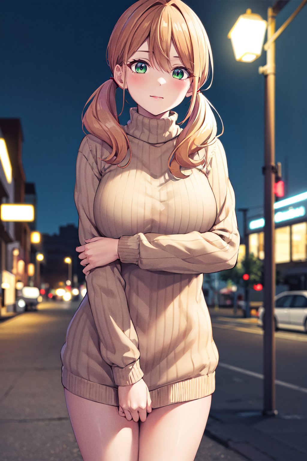 masterpiece, best quality, highres, 1girl, solo, blonde hair, low twintails, green eyes, <lora:tsukishima_riho_v1:0.7>, sweater dress, turtleneck, long sleeves, standing, cowboy shot, street, night