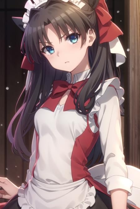 rintohsaka, <lora:rin tohsaka prisma s2s3-lora-nochekaiser:1>,rin tohsaka, long hair, black hair, two side up, aqua eyes, bow, hair bow,BREAK thighhighs, dress, frills, black thighhighs, zettai ryouiki, long sleeves, maid, maid headdress, red dress,BREAK outdoors, snow,BREAK looking at viewer, (cowboy shot:1.5), dynamic pose,BREAK <lyco:GoodHands-beta2:1>, (masterpiece:1.2), best quality, high resolution, unity 8k wallpaper, (illustration:0.8), (beautiful detailed eyes:1.6), extremely detailed face, perfect lighting, extremely detailed CG, (perfect hands, perfect anatomy),