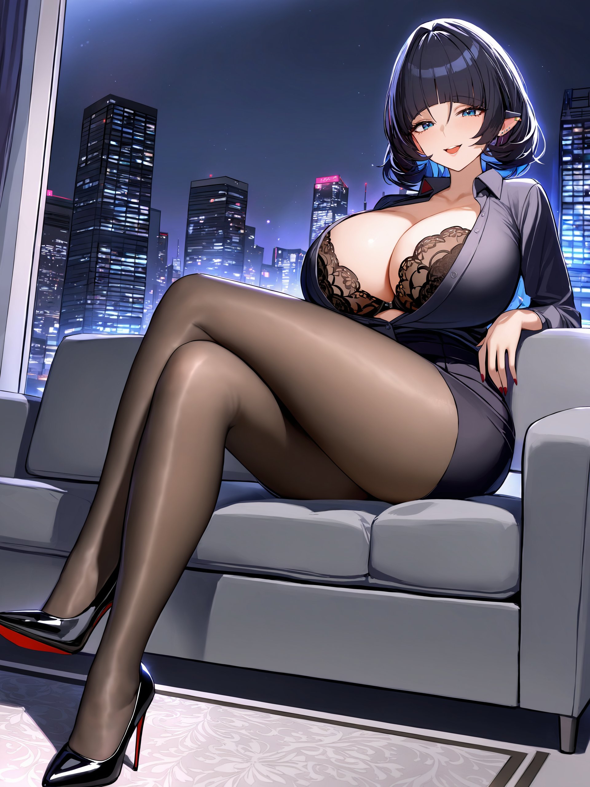 1girl, jane doe \(zenless zone zero\), huge breasts, solo, office lady, black shirt, collablack shirt, partially unbuttoned, black lace-trimmed bra, cleavage, black pencil skirt, black  pantyhose,  <lora:XL-perfectpantyhose:0.6>, stiletto heels, black pumps, crossed legs, full body, sitting, on couch, indoors, windows, cityscape, night, looking at viewer, smug, seductive smile, open mouth <lora:Char-ZZZ-Jane_Doe-V2-XL:0.9>,  illustration, incredibly absurdres, ultra detailed, masterpiece, best quality, [<lora:detailed_notrigger:0.95>::0.5]