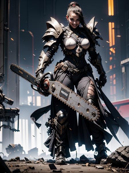 masterpiece, best quality, 1girl holding chainsaw sword, dark skin,beautiful,grin, cyberpunk, cyber armor, mechanical arms, <lora:weapon:0.8>  <lora:drow_offset:0.6> beautiful lighting, action scene, dynamic shot, (masterpiece, best quality,highres, perfect hands)