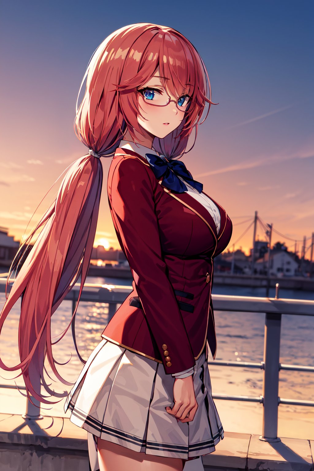 masterpiece, best quality, highres, 1girl, solo, long hair, pink hair, low twintails, blue eyes, glasses, large breasts, school uniform, blue bowtie, blazer, red jacket, long sleeves, white skirt, <lora:sakura_airi_v1:0.7>, from side, sunset, outdoors, bridge, standing