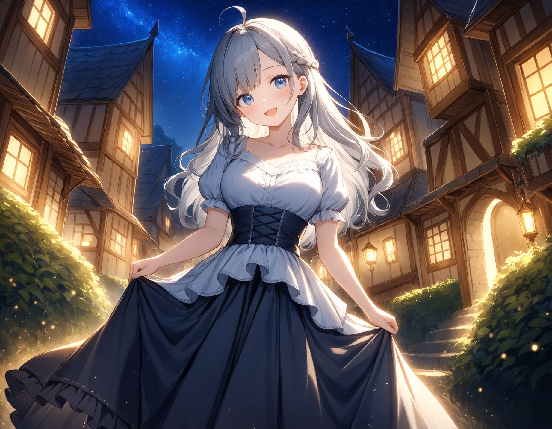 Depth of field. Cowboy shot. Cinematic angle. A cute girl. Solo. Serene smile. :D. Contrapposto. Head tilt. Looking at viewer. (Round face:1.1). Detailed blue eyes. Tareme. Detailed body. (Medium breasts:1.05). Long wavy hair. Gray hair. Gray inner hair. Side french braid. Ahoge. Asymmetrical bangs. White tacked-in blouse. Puffy sleeves. Short sleeves. (Long skirt:1.1). (Layered skirt:1.2). Village at night. Lush greenery. (Starry sky view:1.4). Summer. (Night:1.2). (Atmospheric lighting:1.4). Medieval. Cute style. Watercolor. No lineart. Thin lines. Soft colors. Intricate details. Extremely detailed. Outstanding intricacies. (Masterpiece:1.2). (Best quality:1.2). (Absurdres absolutely resolution:1.4).