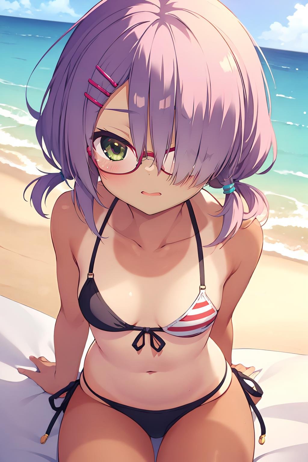 16k, highres, masterpiece, best quality, 1girl, mei, short_hair, short twintails,  small breasts, hair_over_one_eye,  hairclip,  tan <lora:hmei_v1:0.7> under-rim eyewear, bikini, 