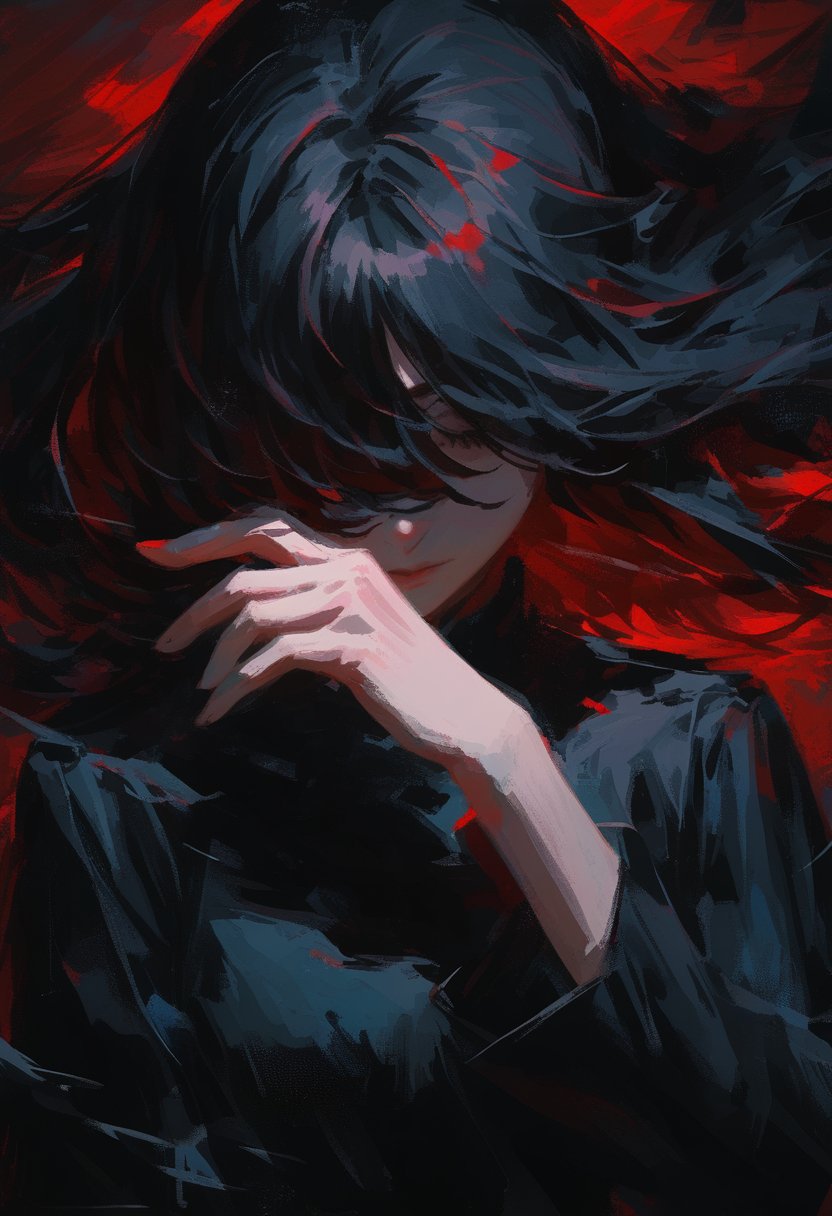 impasto,dark, 1girl, covering one eye with hand, hair covering hand, black hair, partially floating red hair