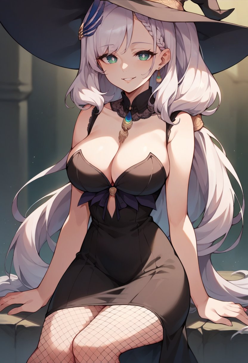 score_9, score_8_up, score_7_up, 1girl, solo, PavoliaReine, bright pupils, long hair, side ponytail, feather hair ornament, large breasts, witch, witch hat, tight dress, fishnets, fishnet pantyhose, cleavage, black dress, smile, parted lips, sitting, <lora:PavoliaReinePDXL:1>