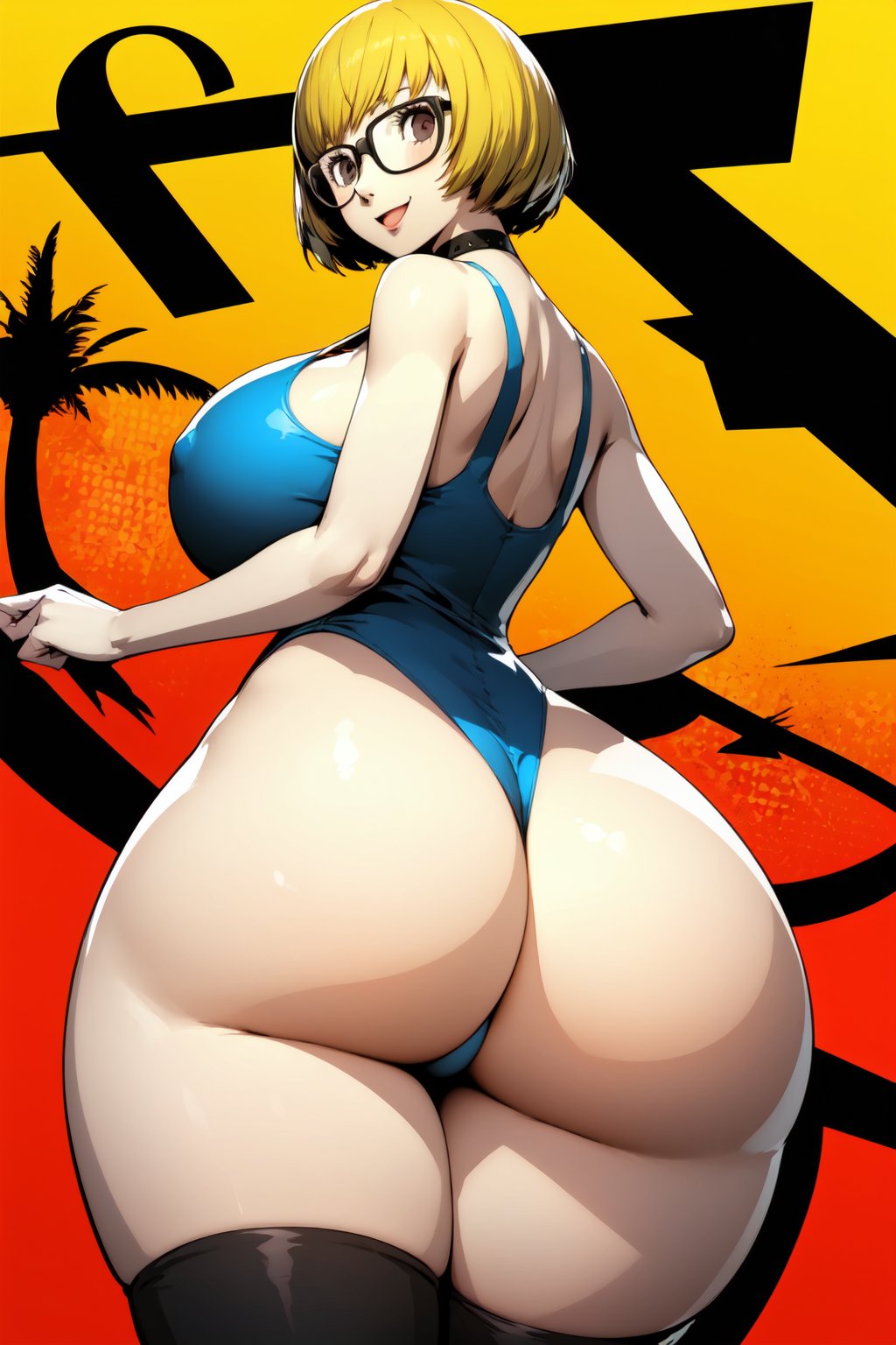 1girl,solo,(gigantic ass),wide hips,thick thighs,,thighhighs,one-piece swimsuit,short hair,choker, smile,happy,glasses <lora:persona 5 style:1>