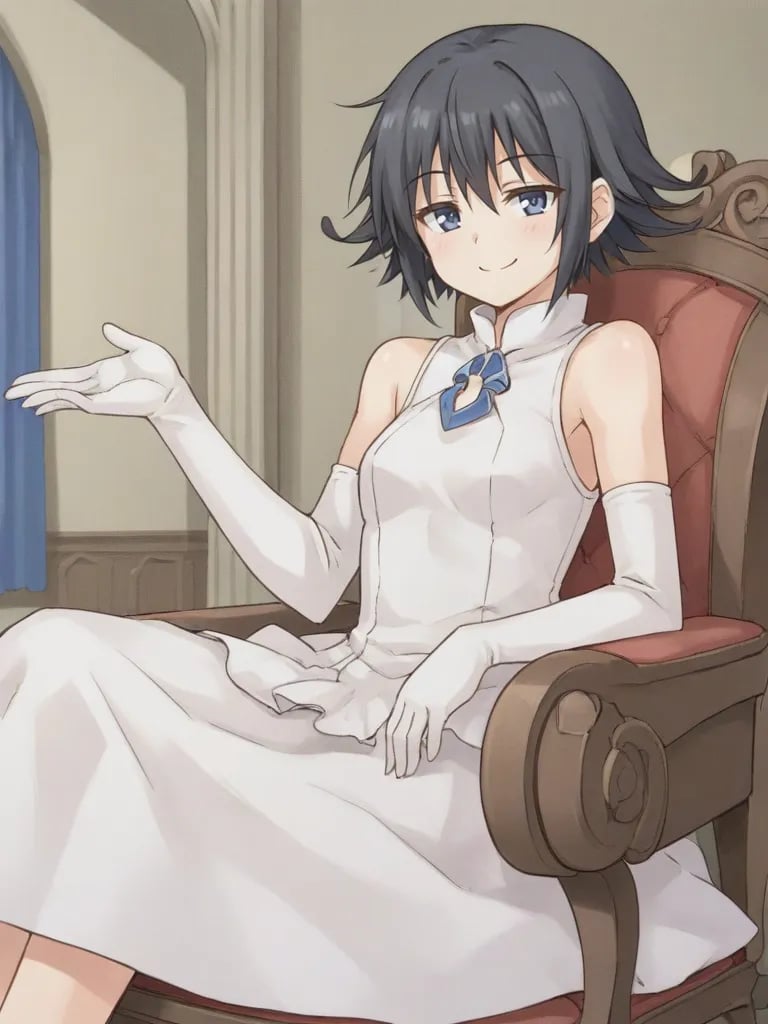 <lora:AnnieEilenbergAtelierAnnie:0.7>1girl, solo, annieatelier, short hair, black hair, blue eyes, white dress, sleeveless, elbow gloves, fancy dress, sitting, chair, indoors, mansion, smile, smug