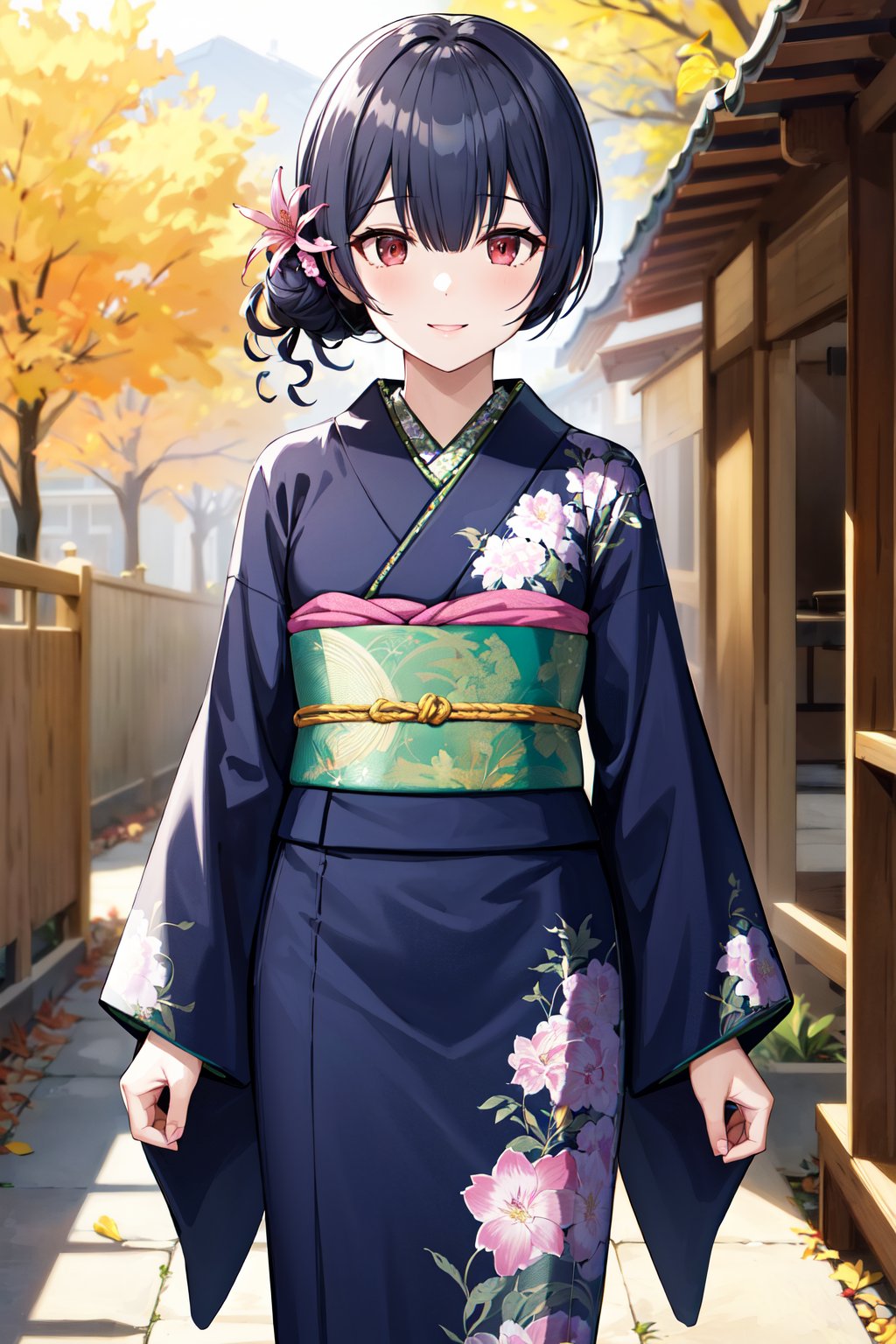 masterpiece, best quality, highres, aarinze, short hair, single hair bun, hair flower, japanese clothes, blue kimono, print kimono, floral print, long sleeves, wide sleeves, sash, obi, <lora:morino_rinze_v1:0.7>, standing, cowboy shot, outdoors, smile, arms at sides,