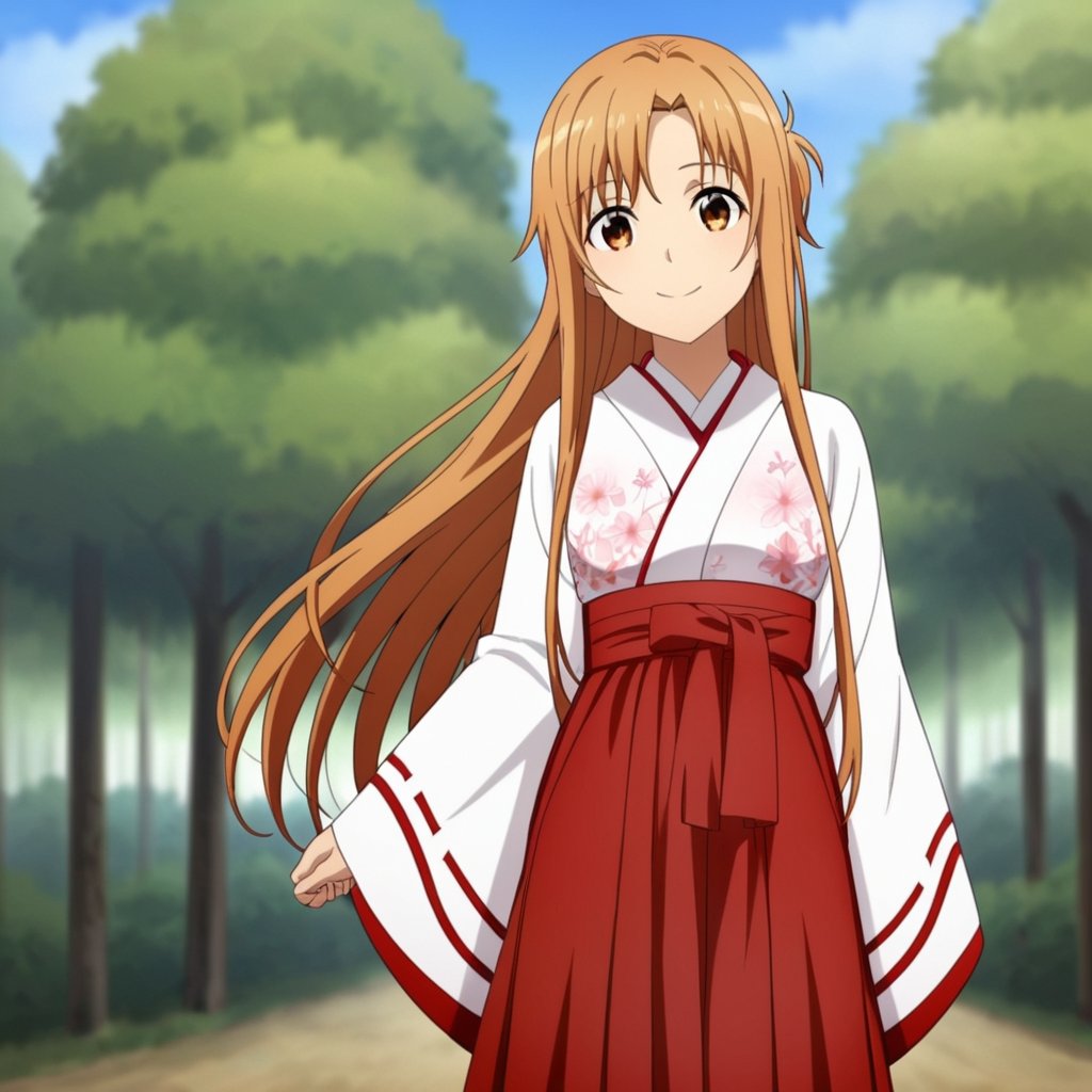 score_9, score_8_up, score_7_up, score_6_up, score_5_up, score_4_up, source_anime, yuuki asuna, long hair, 1girl, solo, japanese clothes, miko,  smile, outdoors, hakama, looking at viewer, skirt, short hair, day, hakama skirt, tree, red hakama, long sleeves,masterpiece, perfect face, best quality, beautiful girl, cute girl, beautiful eyes, shiny eyes, anime coloring, anime screencap, absurdres, outdoors, <lora:yuuki asuna auti 923:0.8>