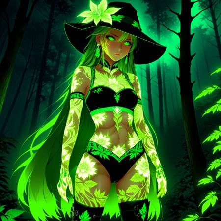 <lora:detailed_notrigger:1>, <lora:g1owingtatt00-000003:1> 1girl, solo, tattoo, glowing eyes, neon trim, green theme, ear piercing, eyelashes, green eyes, earrings, knee boots, very long hair, hat, floral print, midriff, forest background