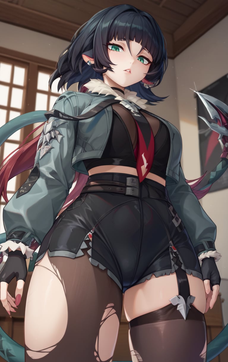 score_9,score_8_up,score_7_up BREAK <lora:janedoe:0.9>,janedoeSDXL,1girl,long hair,shirt,black hair,thighhighs,long sleeves,green eyes,jacket,tail,pantyhose,red hair,parted lips,necktie,black gloves,belt,fingerless ear piercing,gloves,open jacket,fingernails,neckerchief,torn clothes,fur trim,black shorts,red necktie,zipper,grey jacket,fur-trimmed jacket,zipper pull tab,torn pantyhose,torn thighhighs,high-waist shorts,torn,cowboy shot,room,room background,from below,