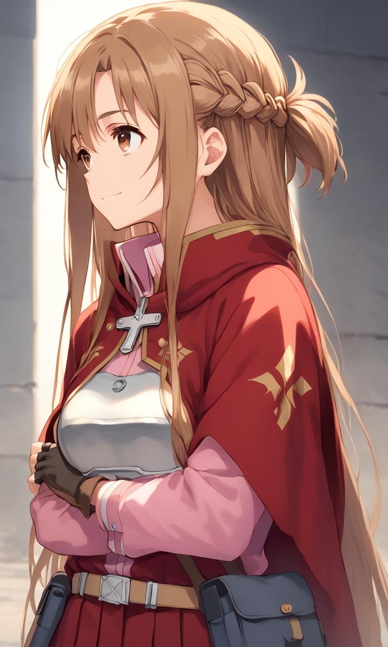 <lora:sdxl-sao-asuna-pony:0.8> asuna, sao, 1girl, solo, brown eyes, brown hair, long hair, bangs, medium breasts, french braid +++ breastplate, pink long sleeves shirt, belt,  black pleated skirt, zettai ryouiki, gray boots, fingerless gloves, red cape +++ , smile, (troubled eyebrows:0.6), Wasteland Ecosystem, Fluorescent Light, +++ arms cross at on eyes, From a Distance, look up to, upper body, cinematic lighting, score_9, score_7_up, source_anime, ntm