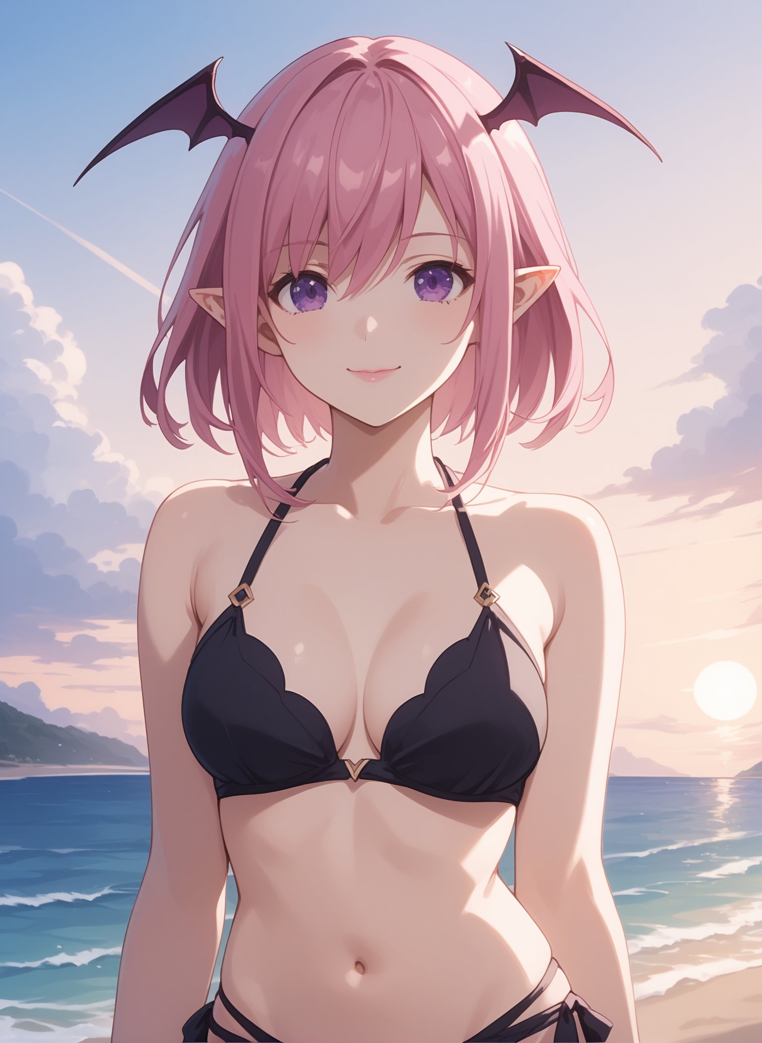 score_9, score_8_up, score_7_up, intricate details, source_anime, intricate details, highly detailed background, perfect lightingbest quality, ginnyfindesalva, solo, outdoors, beach, demon girl, pink hair, head wings, bat wings, hair between eyes, medium hair, purple eyes, pointy ears, medium breasts, black bikini, swimsuit, smile, closed mouth, :), pink lips, <lora:Ginny-Fin-de-Salva:0.7>