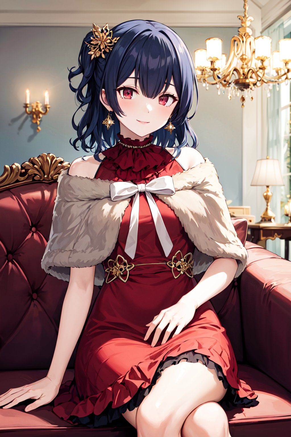 masterpiece, best quality, highres, ffrinze, medium hair, hair ornament, earrings, jewelry, bare shoulders, capelet, ribbon, sleeveless dress, red dress, <lora:morino_rinze_v1:0.7>, sitting, sofa, indoors, chandelier, crossed legs, smile