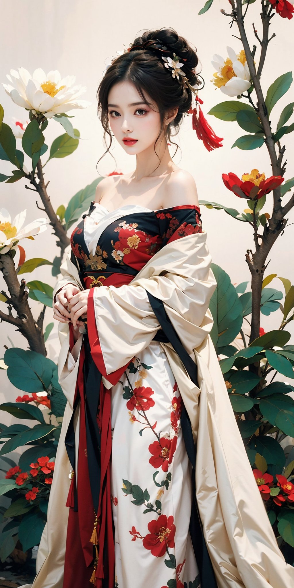 1girl,solo,flower,hair bun,hanfu,water,bare shoulders,black hair,chinese clothes,off shoulder,dress,long sleeves,hair ornament,branch,single hair bun,white flower,leaf,red lips,jewelry,<lora:linhe gufeng_20231016142654:0.8>,(complex background),(gorgeous costume:1.1),(flowers surround the picture:1.2),