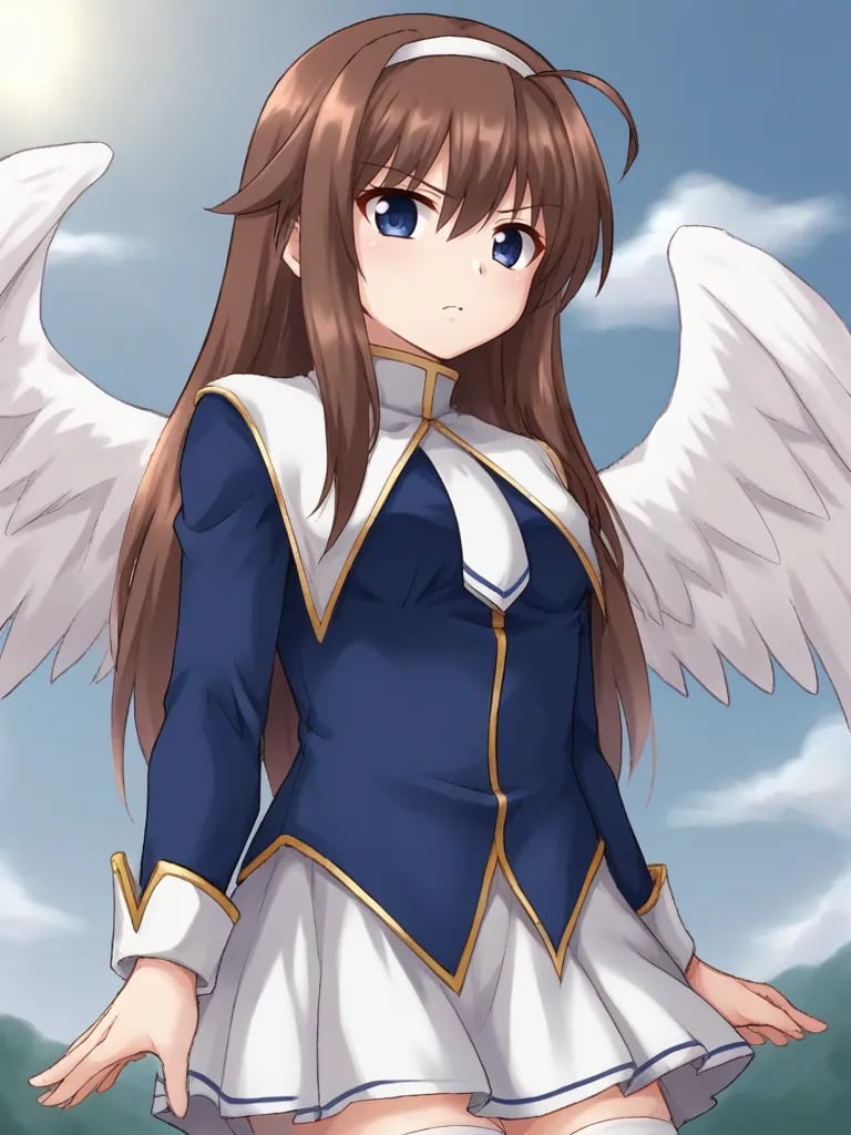 <lora:ceciliatmdspony:0.8>1girl, solo, ceciliamiteids, brown hair, long hair, blue eyes, white hairband, ahoge, blue shirt, long sleeves, white capelet, white necktie, white skirt, white thighhighs, angel wings, sky, clouds, flying, jumping, from below, outstreched wings, looking at viewer, serious, holding, sword