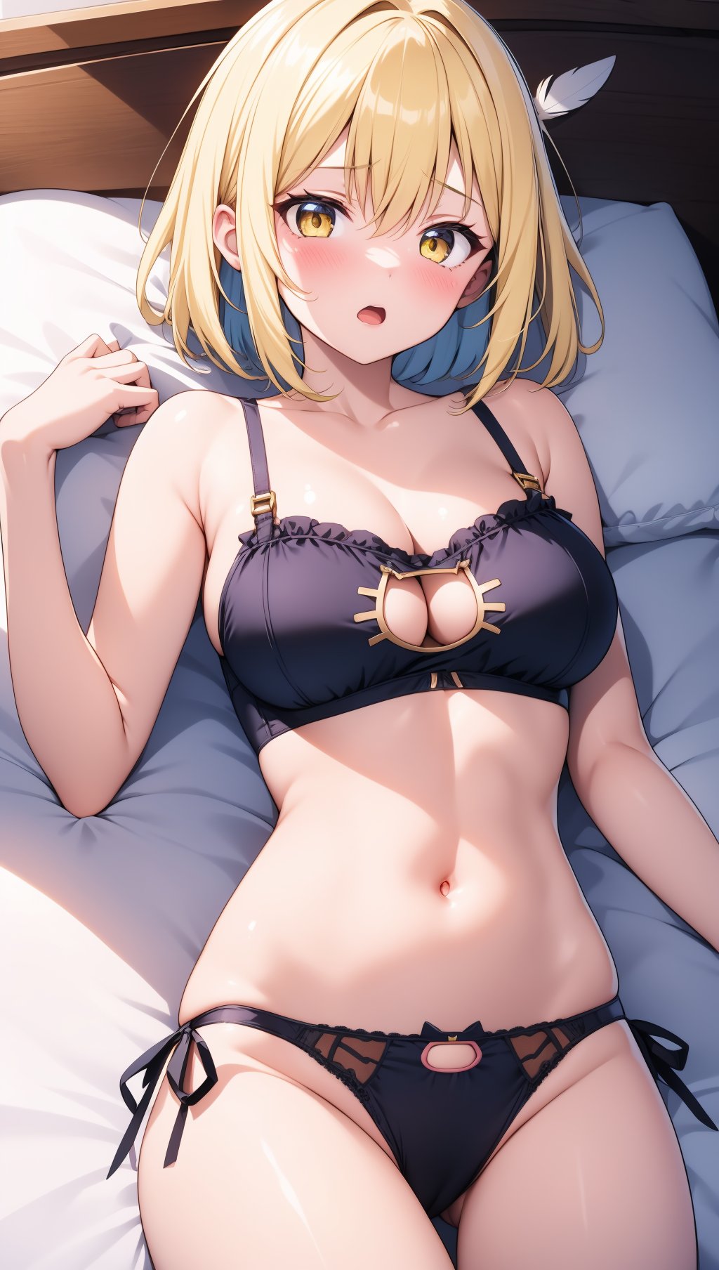 masterpiece, best quality, intricate details, 1girl, blonde hair, underwear, panties, clothing cutout, on back, lying, cleavage cutout, navel, yellow eyes, cleavage, meme attire, cat lingerie, bra, black panties, short hair with long locks, blush, feathers, black bra, feather hair ornament, stomach, side-tie panties, open mouth, hair ornament, cat cutout, indoors, underwear only, curtains, solo, large breasts, on bed, bare shoulders, sidelocks, frilled bra, hair between eyes, thighs, cat panties, frills,