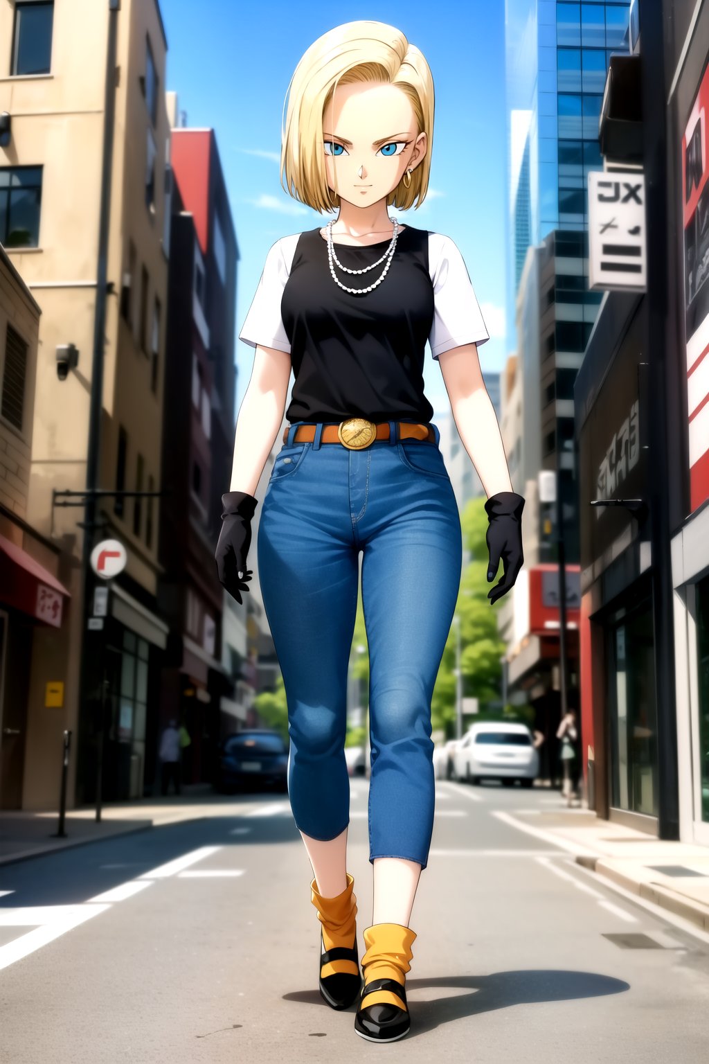 masterpiece, detailed face, android 18, 1girl, solo, looking at viewer, smile, short hair, blue eyes, blonde hair, city, retro artstyle, cityscape, skyscraper, shirt, gloves, jewelry, standing, collarbone, full body, white shirt, earrings, black gloves, belt, pants, necklace, denim, watch, orange socks, open black vest<lora:4ndro1d_18-000008:0.8>