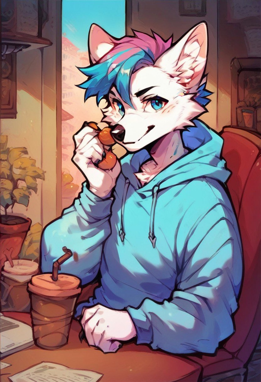 score_9, score_8_up, score_7_up, score_6_up,looking at viewer, Ark, white fur, pink and blue hair, blue eyes, fox, furry male, pink hair, sitting in cafe