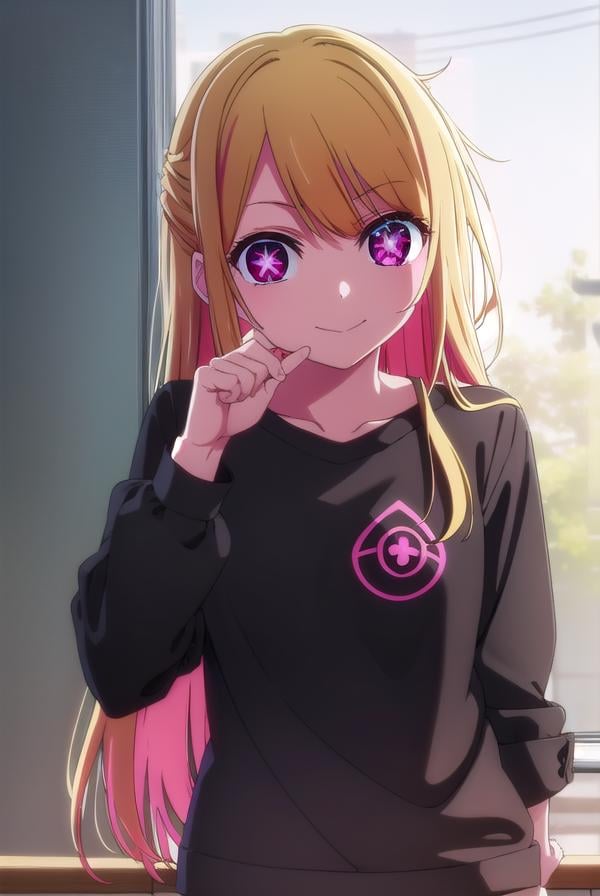 rubyhoshino, <lora:ruby hoshino s1-lora-nochekaiser:1>,ruby hoshino, long hair, bangs, blonde hair, (pink eyes:1.3), sidelocks, (symbol-shaped pupils:1.5), multicolored hair, two-tone hair, smile,BREAK shirt, long sleeves, sweater, clothes writing, yellow shirt,BREAK indoors, classroom,BREAK looking at viewer, (cowboy shot:1.5),BREAK <lyco:GoodHands-beta2:1>, (masterpiece:1.2), best quality, high resolution, unity 8k wallpaper, (illustration:0.8), (beautiful detailed eyes:1.6), extremely detailed face, perfect lighting, extremely detailed CG, (perfect hands, perfect anatomy),