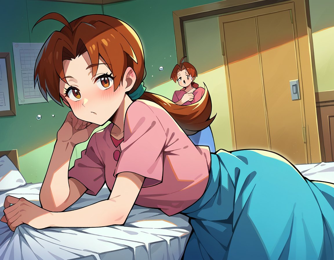 score_9, score_8_up, score_7_up, source_anime,deliaketchum, <lora:delia-ketchum-ponyxl-lora-nochekaiser:1>deliaketchum, brown hair, brown eyes, parted bangs, ahoge, ponytail, low ponytail,shirt, pink shirt, short sleeves, skirt, blue skirt, long skirt,indoors, bed, bed room, on side, blush, drunk,looking at viewer, cowboy shot, dutch angle,