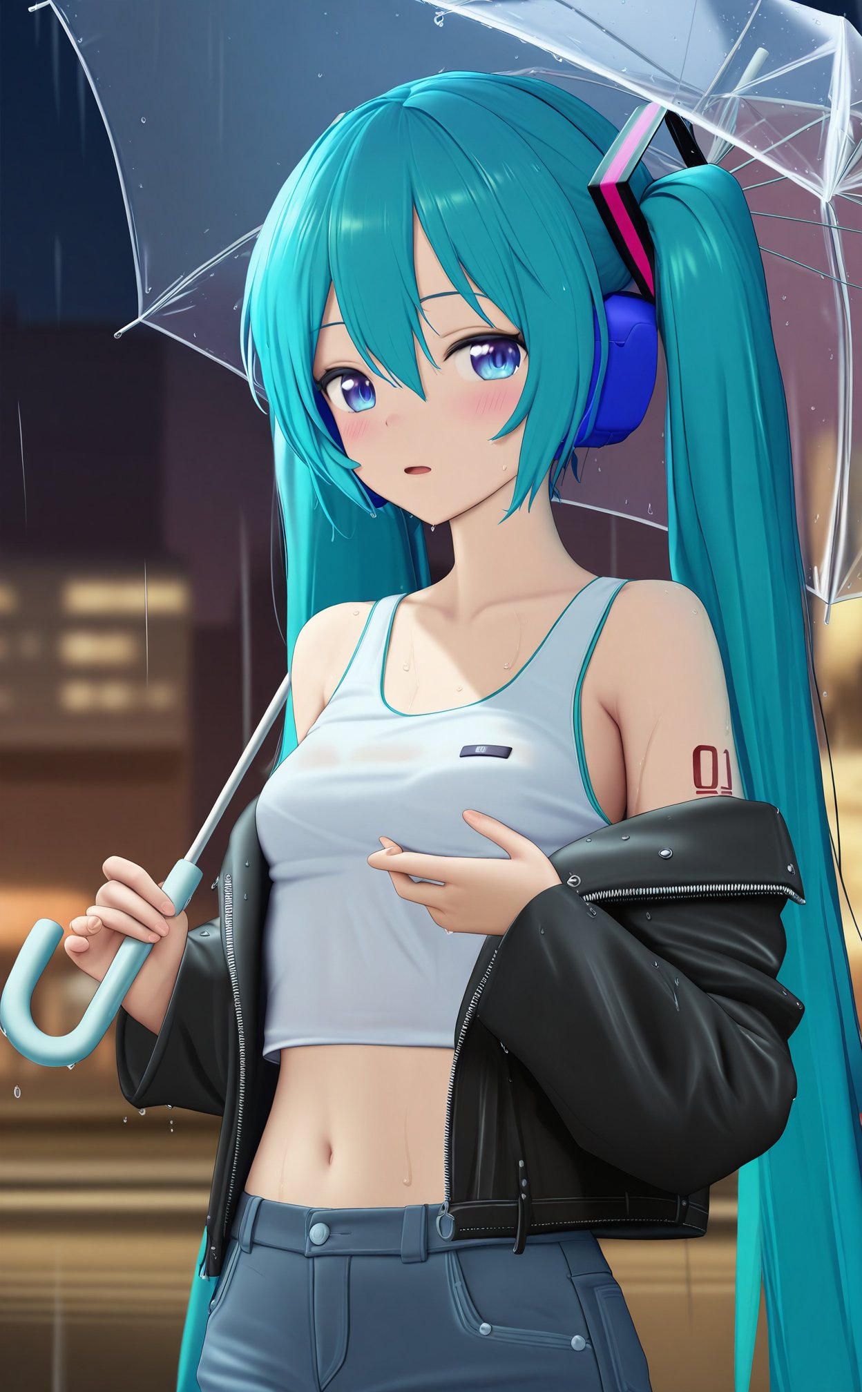 masterpiece,Artist\:aki99,PVC Style,Artist agwing86,1girl,transparent umbrella,wet clothes,cool colors,Blue Them,rain,hatsune miku,solo,twintails,long hair,umbrella,jacket,navel,transparent,holding,tattoo,black jacket,holding umbrella,looking at viewer,blurry background,very long hair,aqua hair,midriff,night,blurry,tank top,number tattoo,shoulder tattoo,outdoors,leather jacket,off shoulder,open jacket,wet,upper body,breasts,open clothes,leather,purple eyes,hair ornament,hair between eyes,crop top,headphones,collarbone,long sleeves,blush,small breasts,bare shoulders,white tank top,parted lips,pants,blue hair,open mouth,denim,shirt,blue eyes,white shirt,