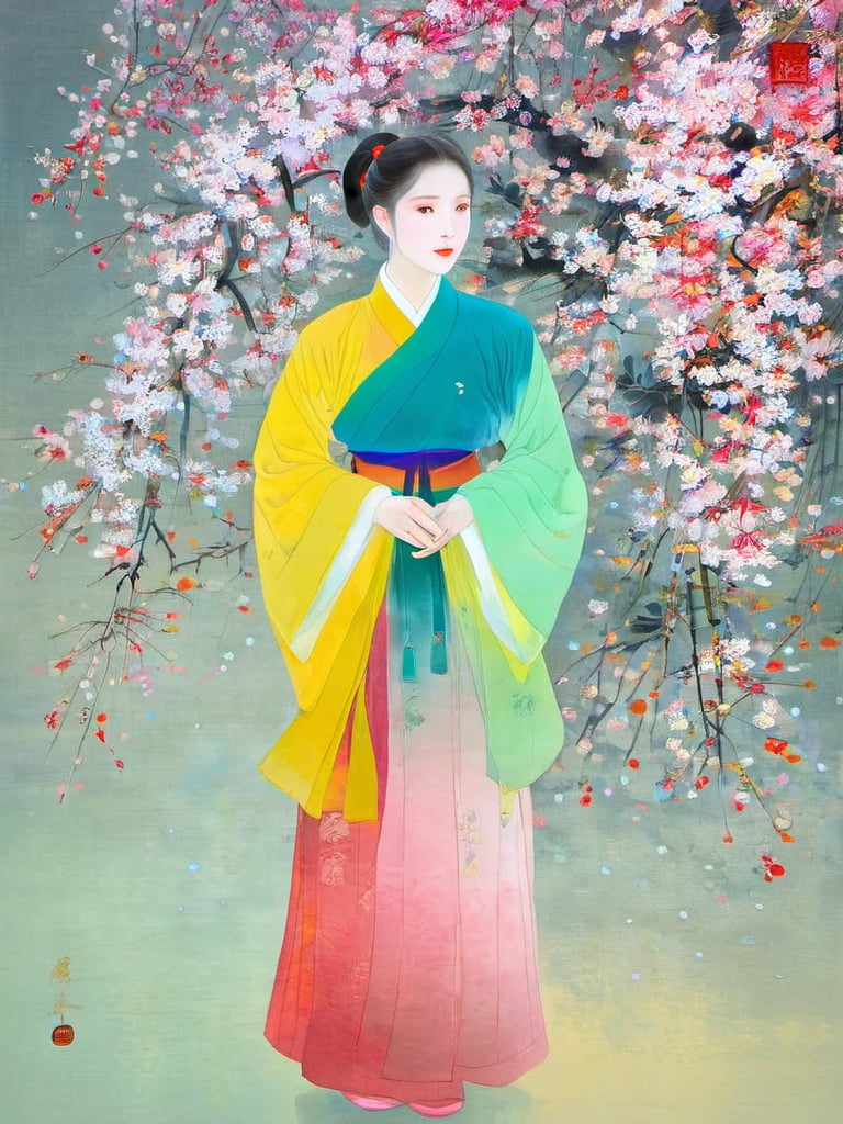 yancai,1girl,hanfu,flower,vibrant colours,<lora:yancai_0412:0.8>, masterpiece, best quality,