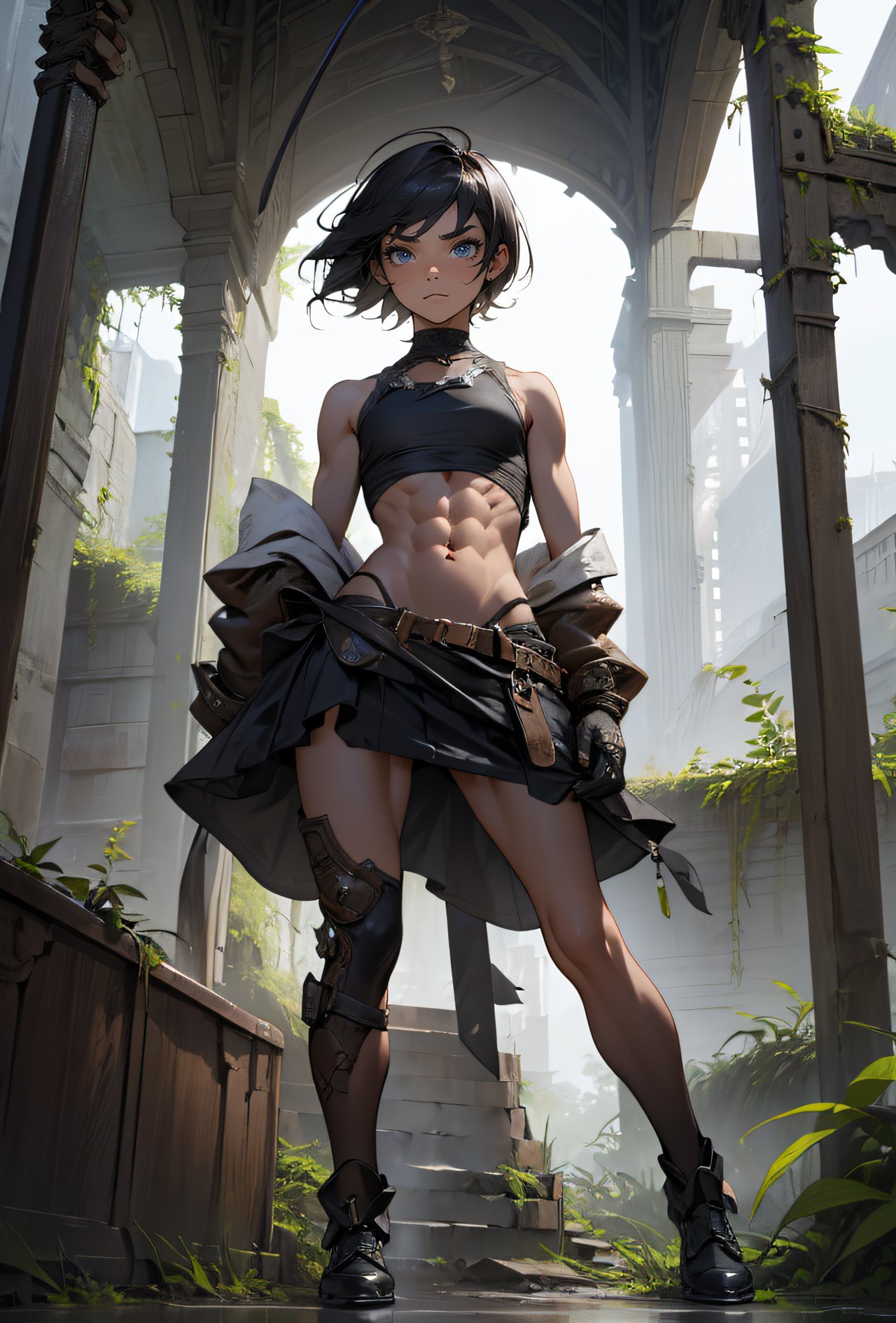 1girl, Standing with arms crossed and a serious expression, looking down at the ground, in the nighttime, skinny, abs, ribs, flat chested, small breasts (perfect anatomy), (detailed eyebrows, beautiful eyes, realistic skin, detailed face:1. 3), A-line skirt, small crop top, Black shiny hair, Short Messy hair, (intricately detailed post apocalyptic ruins ((intricately detailed rusty decayed overgrown building)) , ultra realistic, concept art, elegant, highly detailed, intricate, sharp focus, depth of field, f/1. 8, 85mm, medium shot, mid shot, (masterpiece, best quality, hires, high quality, by professional artist, ultra detailed, extremely detailed, absurdres, incredibly resolution:1.2), nice hands, perfect hands,  <lora:GoodHands-vanilla:1>