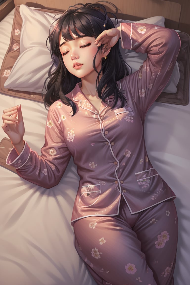 <lora:重返80年代_240816:0.8>,cover,1girl,suneate,black hair,seductive,sexy,highly detailed,night,tiantai,starry_sky,sleepwear,long sleeve pajamas,floral pajamas,