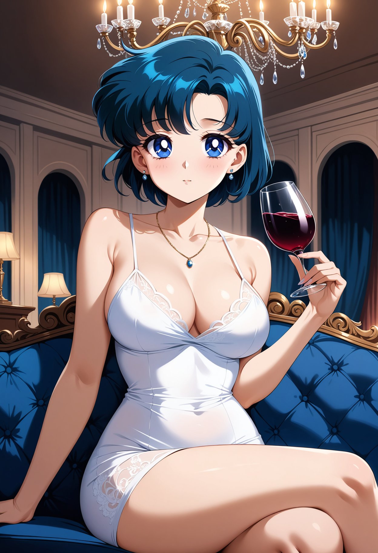 (masterpiece, best quality, very aesthetic, ultra detailed), intricate details, 4k, aamercury, short hair, blue hair, earrings, blue eyes, <lora:sailor_mercury_animaginexl_v1:0.9>, taut dress, white dress, spaghetti strap, sleeveless, sitting, necklace, indoors, sofa, chandelier, holding cup, wine glass