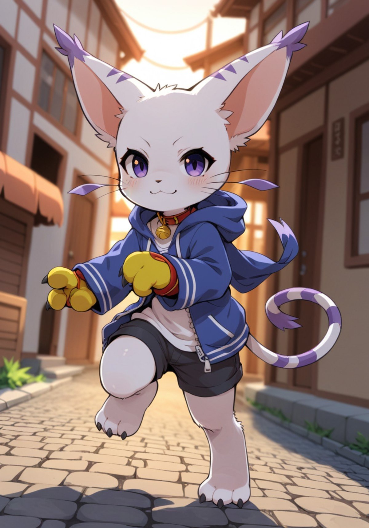 gatomon, running, full-length portrait, action pose, yellow paw glove, claws, red collar, hoodie robe, short pants, BREAK, by Ke Mo Suke, by Fredek666, by Studio Ponoc, detailed background, detailed foreground, depth of field, ambient silhouette, backlighting