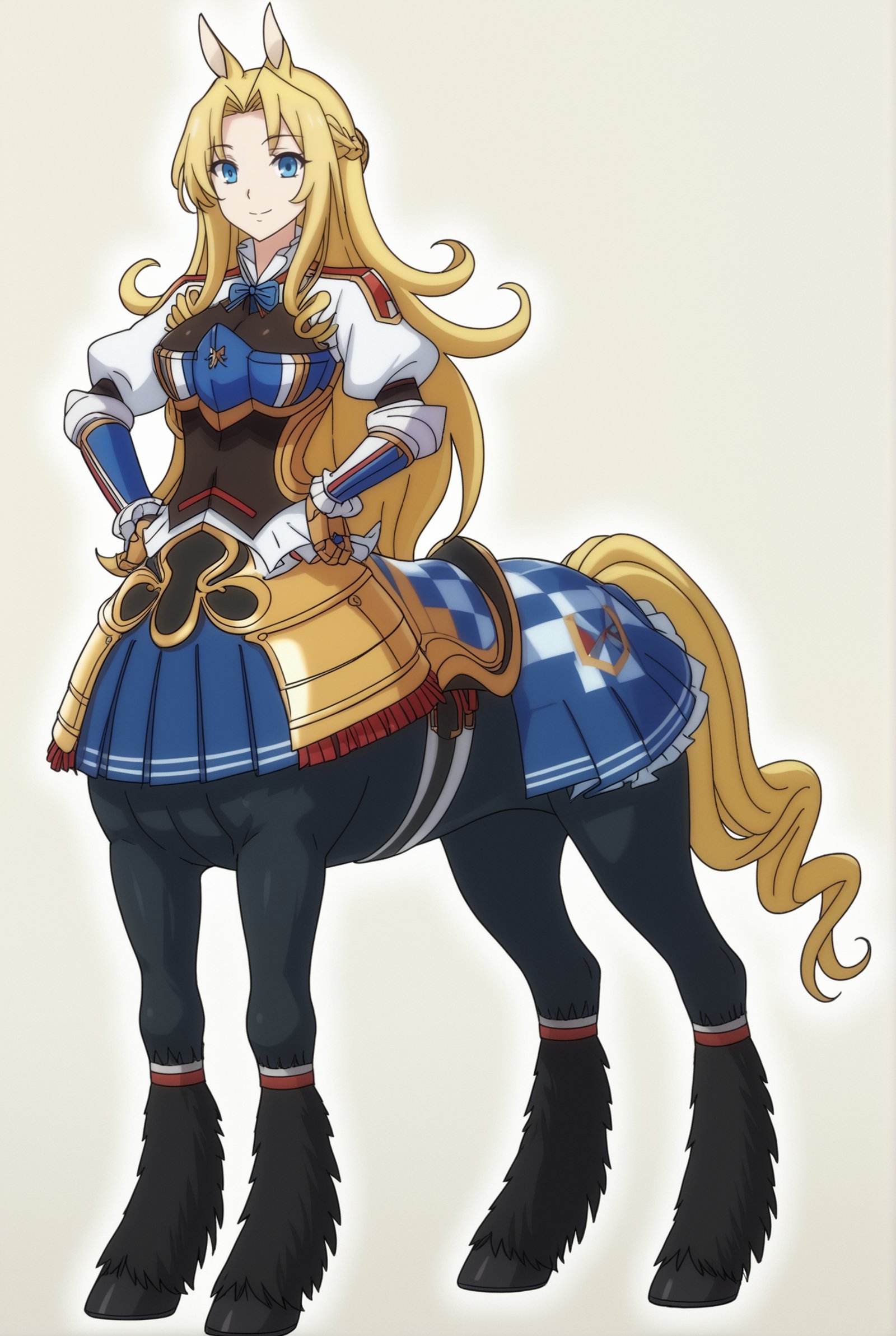 <lora:Tisalia_Scythia:0.8>, white background, Tisalia Scythia, 1girl, solo, long hair, blonde hair, blue eyes, centaur, taur, monster girl, full body, hand on own hip, armor, smile, very long hair, horse ears, transparent background, skirt, looking at viewer, animal ears, gauntlets, white background, pleated skirt, pointy ears, breastplate, simple background, standing, blue skirt