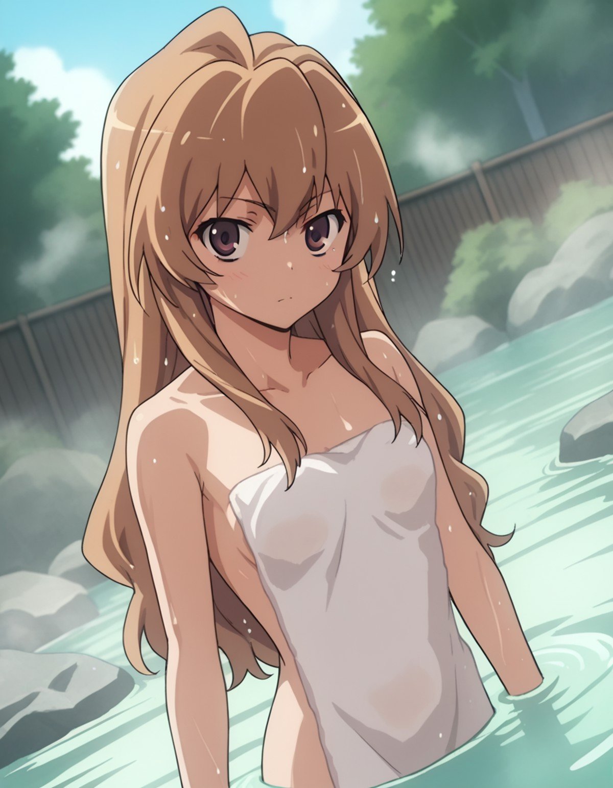 score_9, score_8_up, score_7_up, source_anime,taigaaisaka, <lora:taiga-aisaka-s1-ponyxl-lora-nochekaiser:1>,taiga aisaka, long hair, brown hair, brown eyes,nude, naked, outdoors, onsen, towel, naked towel, steam, bathing, nude cover, partially submerged, water, bath, steam censor, wet towel,looking at viewer, solo, cowboy shot, dutch angle,